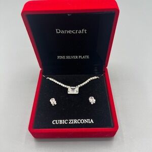 Danecraft Cubic Zirconia Fine Silver Plated Necklace & Earrings Set NIB Gorgeous